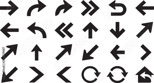 A collection of various black arrows pointing in different directions on a white background.