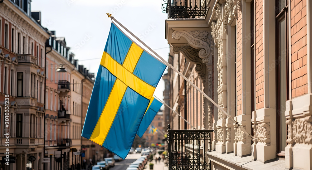 Obraz premium Celebrating National Day of Sweden with a swedish flag waving on a building overlooking a street on a sunny day in an urban landscape with people and cars.