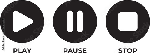 A graphic illustration of play, pause, and stop buttons icons on a plain surface.