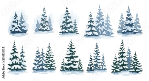 Watercolor Illustration Set of Snow Covered Pine and Spruce Trees for Winter Designs