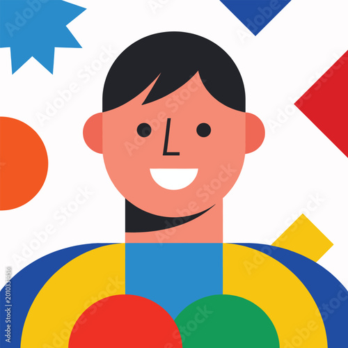 Smiling person with colorful shapes around them indoors