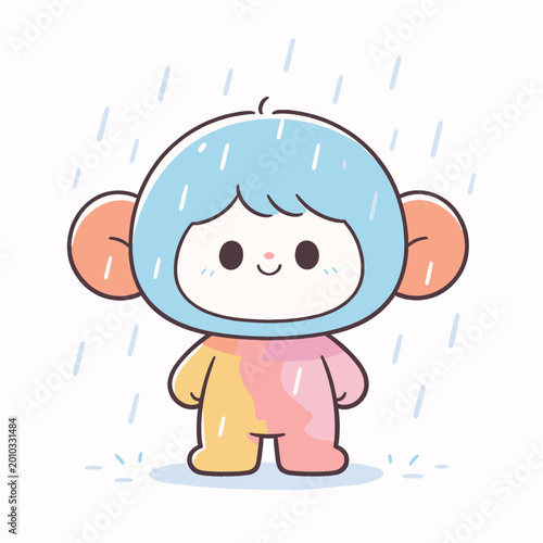 A cartoon character wearing a blue helmet stands alone in rain.