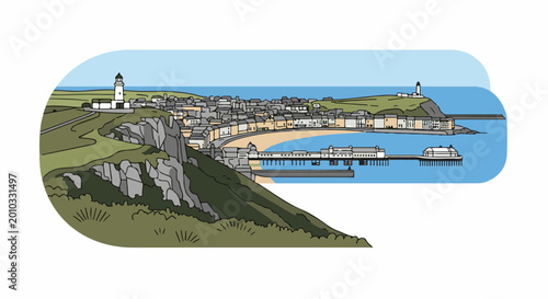 Coastal town with lighthouses, pier, beach, houses, and sea