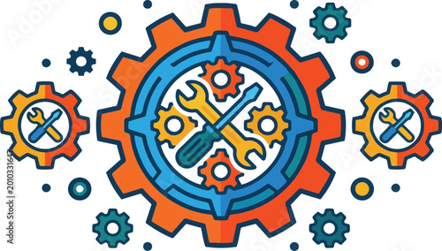 A colorful illustration of gears, wrenches, and tools in a circular motion.