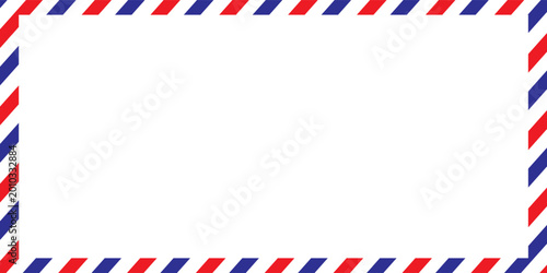 Quadro su tela Postal air mail envelope frame with red and blue stripes on a white background