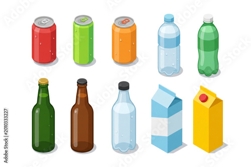Isometric beverage packaging set with cans bottles and cartons for juice soda and milk mockups