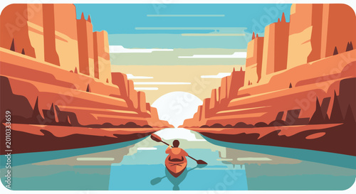 Solitary kayaker navigates a river through a grand canyon at sunset