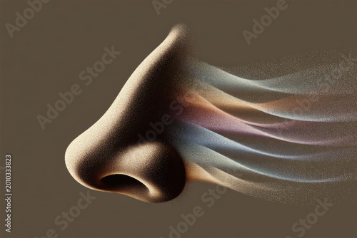 Olfaction concept human nose with colorful emanating scent trails