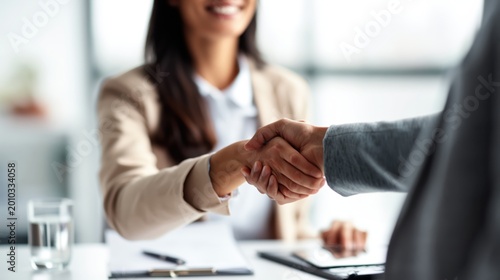 Close-up of professional handshake across office desk during meeting, representing agreement and successful partnership.
