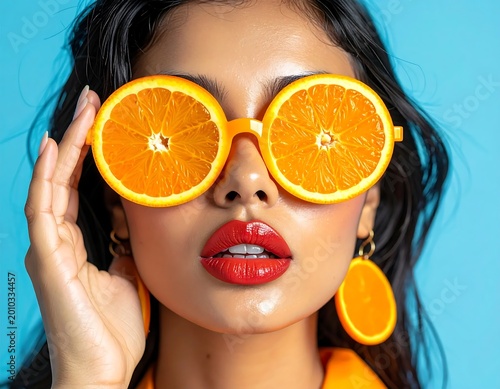 Young Woman Wearing Creative Orange Slice Sunglasses And Citrus Earrings Against A Bright Blue Background In A Vibrant Summer Fashion Portrait