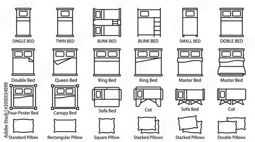 Fotografía Various Bed Types and Sizes Top View Outline Icons Set.