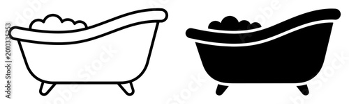 Konstfotografi bathtub icon set, bathroom bath tub with foam and water in outline and silhouett