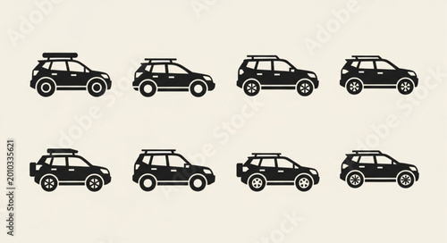 Картината върху платно Collection of various black SUV car icons with roof racks.
