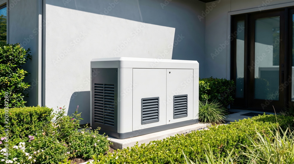 Fototapeta premium Backup power generator standing outside modern home with lush landscaping, reliable energy supply solution.