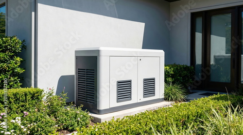 Backup power generator standing outside modern home with lush landscaping, reliable energy supply solution.