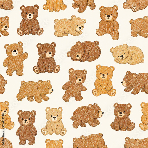 Seamless cute bear pattern with hand drawn brown teddy bears, sitting, walking and sleeping, crayon texture on warm beige, nursery wallpaper and kids textile print.