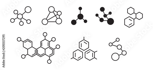 Minimalist linear icons of chemical compounds and hexagonal organic molecules