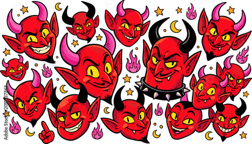 Tableau sur toile Cartoon Devil Face Icon Set with Various Expressions, Horns, Flames, and Cosmic