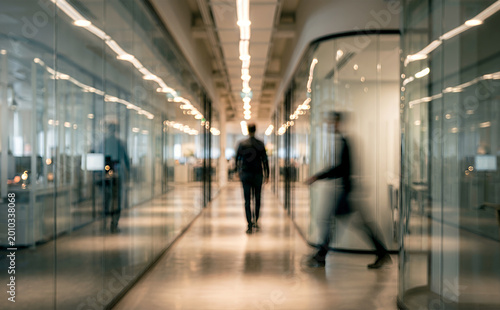 Photos A blurred image of professionals walking in a glass-walled office corridor, showcasing modern corporate architecture and a busy work environment