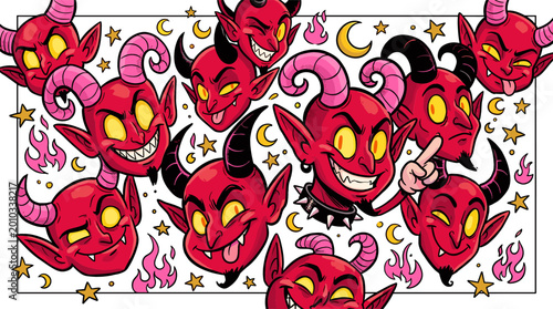 Tableau sur toile Cartoon Devil Faces Icon Set with Various Smiling, Laughing, and Mischievous Exp