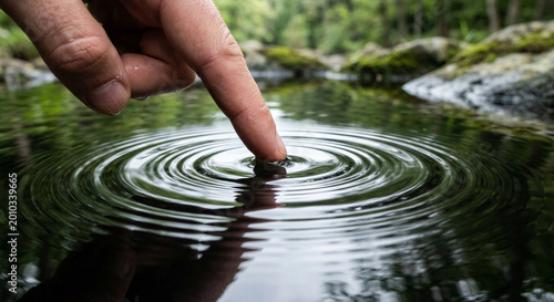 Macro view of human finger touching still water surface creating ripple effect ripples in nature pond representing impact and mindfulness