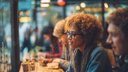 Smiling young african american woman with curly hair and glasses sitting in a cozy modern cafe with friends, profile portrait of happy student enjoying coffee and conversation in urban interior.