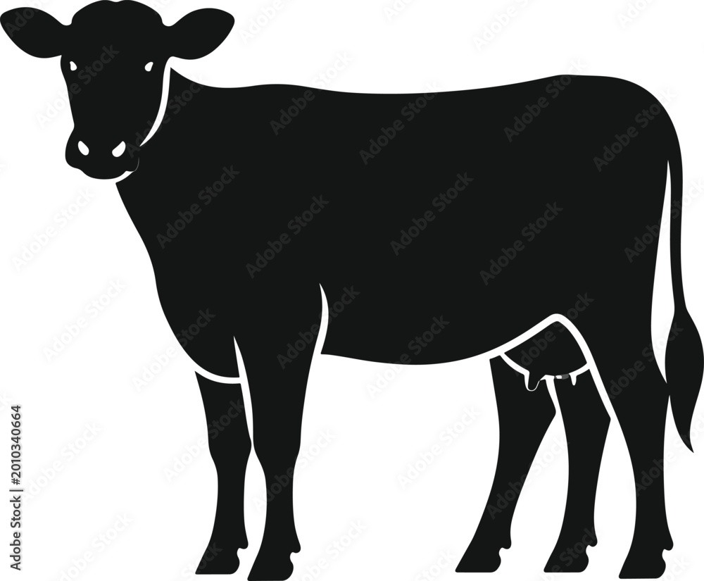 Fototapeta premium Cow silhouette, black vector icon style, simple shape, clean cut, white background