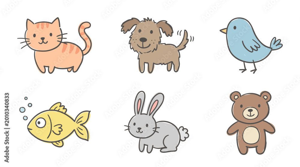 Fototapeta premium Icon pack of cute animal illustrations including cat dog bird fish rabbit and teddy bear