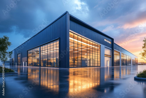 Modern industrial building reflecting golden sunset light in a serene environment with wet pavement and dramatic clouds overhead