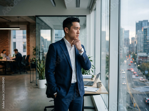 Thoughtful Asian American Entrepreneur Pondering Business Strategy by Office Window