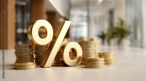 Gold percentage symbol on stacks of coins in a business setting