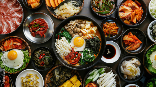 Abundant Korean traditional table setting with bibimbap pot, spicy meat, and various side dishes (Banchan)