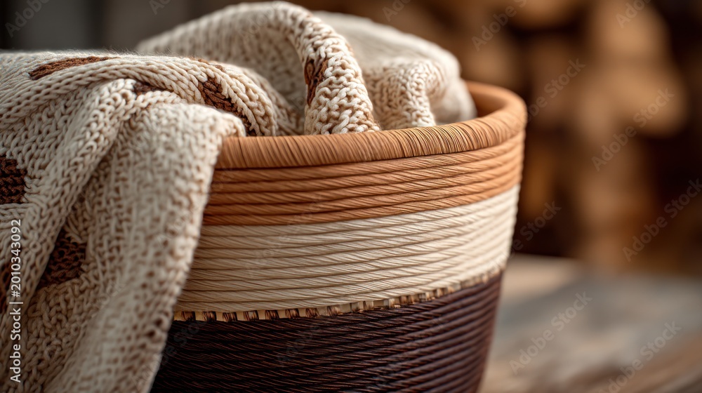 Obraz premium Woven basket with knitted blanket