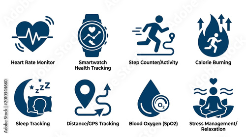 Health and Fitness Tracking Icons Representing Various Wellness Metrics and Activities
