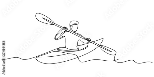 Continuous single line drawing of a man kayaking on water with a paddle in his hand showing active summer outdoor sports and leisure activity