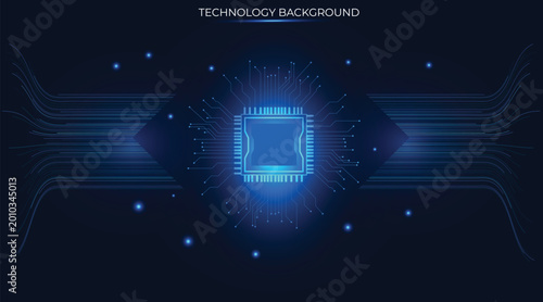 Foto Futuristic AI circuit board centered technology; undulating lines converge toward the connection interface, flowing inward from the periphery