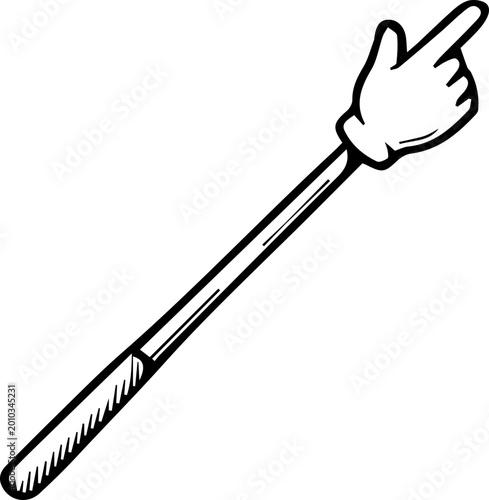 Billede på lærred Black and white line drawing of a pointing hand on a stick, often used as a novelty pointer or indicator for presentations or fun