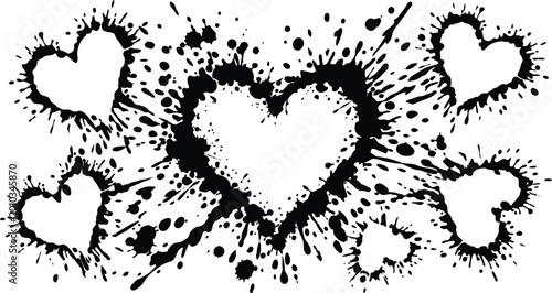Tableau sur toile Heart splash set, black ink splatter heart silhouettes with messy spray paint dr