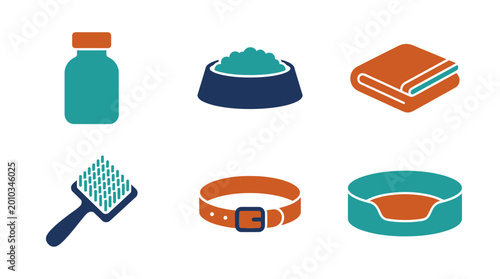 Set of colorful flat icons for pet care and animal supplies.
