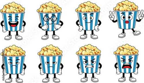 Cuadro en lienzo Cute popcorn bucket mascot character set featuring various facial expressions like happy, angry, nerd, and peace sign for cinema and movie snack designs