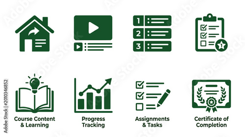 Tableau sur toile Educational icons representing home, learning, progress tracking, assignments, a