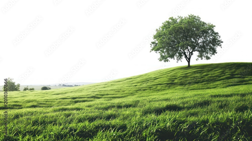Fototapeta premium green landscape isolated on white background, nature, mountain, trees, sky, forest, background, hill, watercolor, scenery, morning, summer, travel, recreation, relax