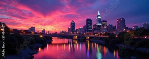 Twilight descends on Nashville skyline, Cumberland River reflects city lights, river, cityscape