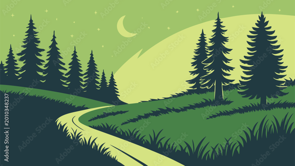 Obraz premium Moonlit forest landscape, serene road, green hills, pine trees, night scenery