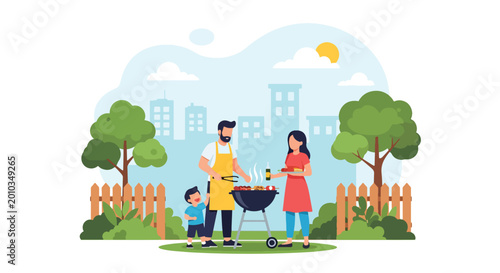 Fotografía Flat vector illustration of family having barbecue party outdoors during summer