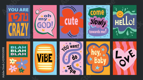 Abstract motivational posters for wall decor. Positive quotes and colorful geometric compositions in cartoon style. Printable designs for kitchens, cafes and restaurants. Banners with short phrases.