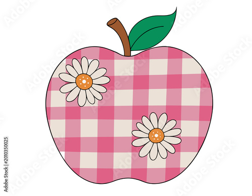 A vector illustration of a pink gingham apple with daisies on a green leaf illustration on a transparent background.