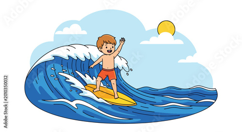 Photography Flat vector illustration of children surfing ocean waves during summer vacation,