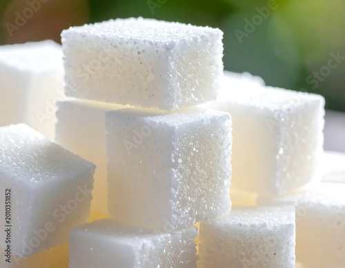 White Refined Sugar Cubes Macro Photography Close Up Stacked In Natural Light With Soft Green Bokeh Background
