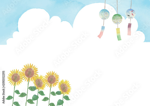 Watercolor summer background with sunflowers and wind chimes, Japanese style, copy space, 4K